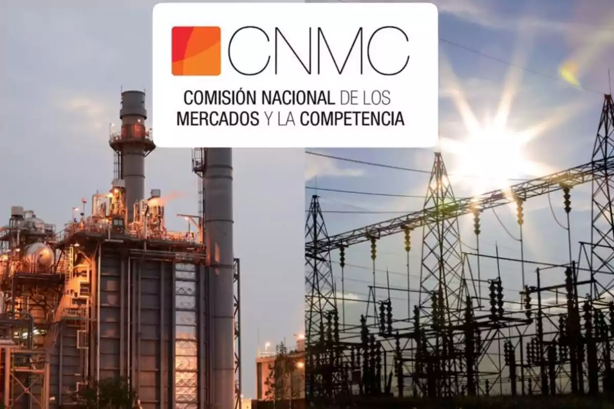 Logo de la CNMC sobre una imagen dividida entre una planta industrial y una subestación eléctrica al atardecer