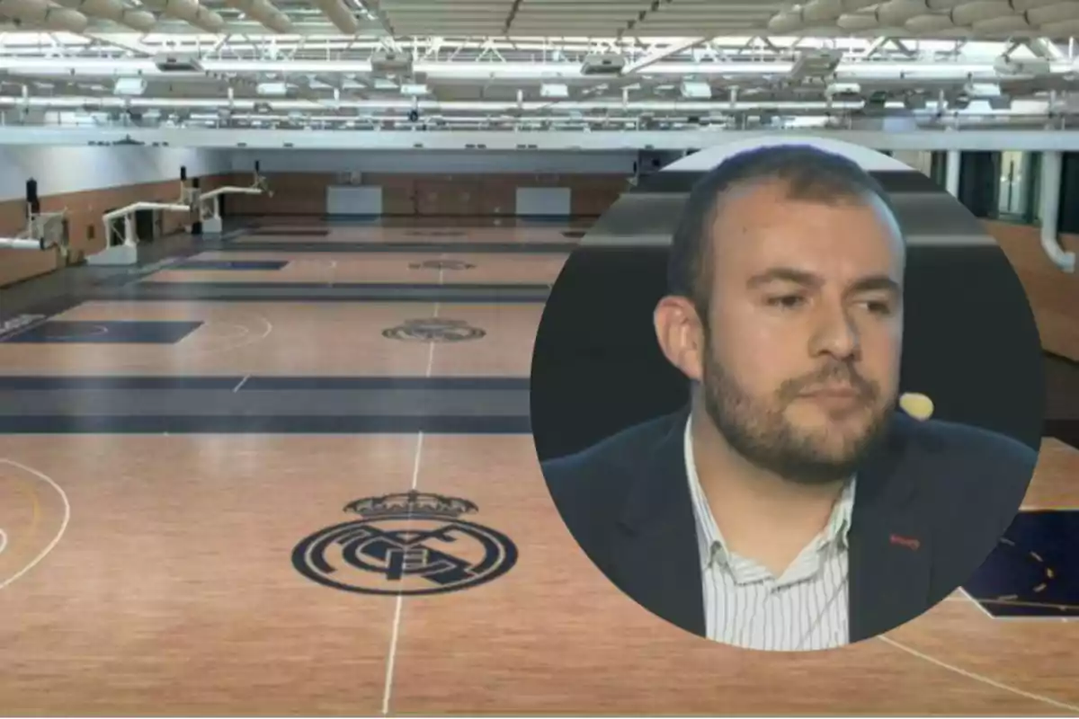 Hombre en traje sobre fondo de una cancha de baloncesto del Real Madrid. Hombre en traje sobre fondo de una cancha de baloncesto del Real Madrid.