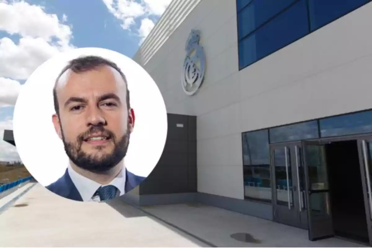 Un hombre con barba y traje aparece en un círculo sobrepuesto frente a un edificio moderno con el escudo del Real Madrid. Un hombre con barba y traje aparece en un círculo sobrepuesto frente a un edificio moderno con el escudo del Real Madrid.