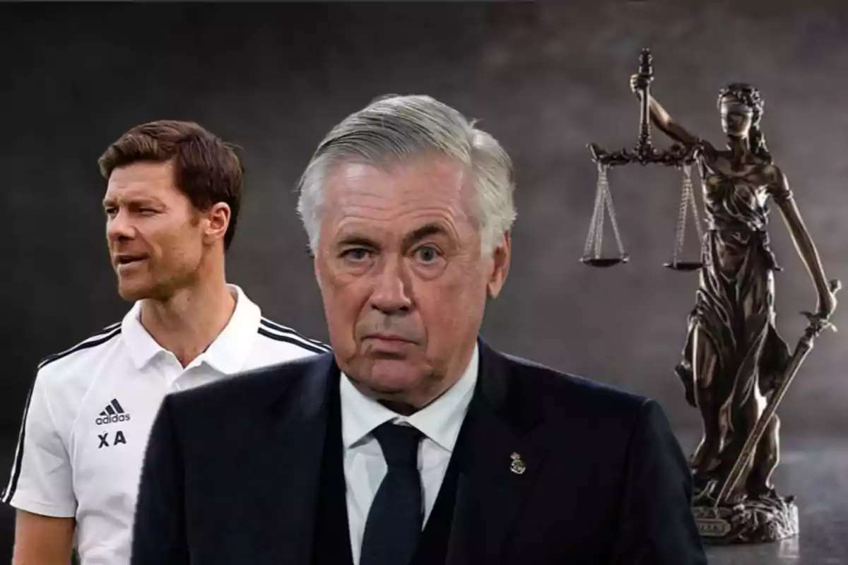 Dos entrenadores de fútbol aparecen en primer plano con una estatua de la justicia al fondo sobre un fondo oscuro