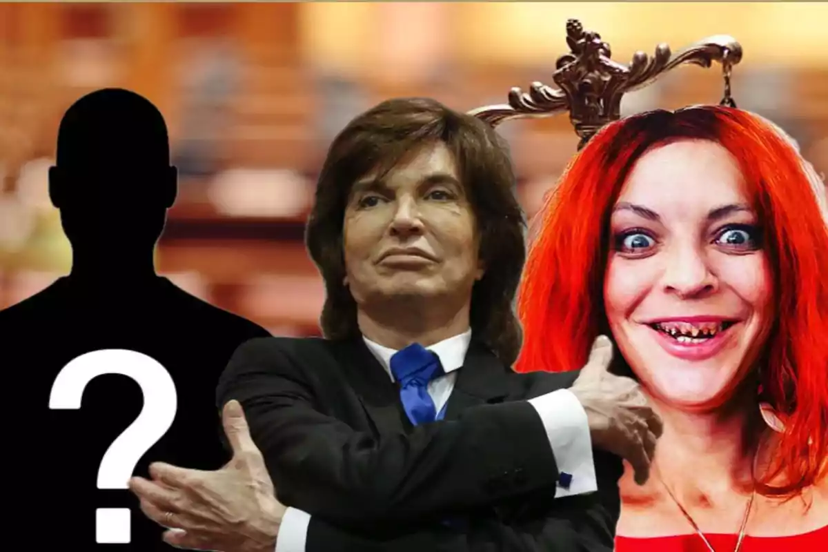 Tres personas al frente de un fondo borroso, una silueta negra con un signo de interrogación, un hombre de cabello castaño y traje, y una mujer de cabello rojo con expresión sonriente y dientes visibles
