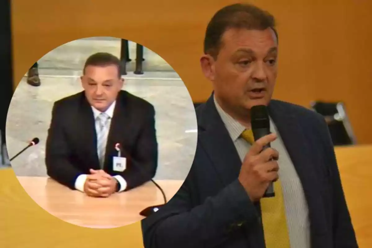 Hombre de traje azul y corbata amarilla hablando por micrófono en una sala, con un recuadro que muestra al mismo hombre sentado en una mesa durante una audiencia Hombre de traje azul y corbata amarilla hablando por micrófono en una sala, con un recuadro que muestra al mismo hombre sentado en una mesa durante una audiencia