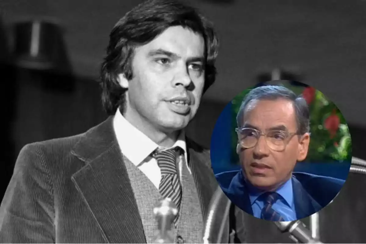 Hombre de cabello oscuro hablando frente a un micrófono en una foto en blanco y negro con un recuadro circular que muestra al mismo hombre de mayor edad usando gafas y traje Hombre de cabello oscuro hablando frente a un micrófono en una foto en blanco y negro con un recuadro circular que muestra al mismo hombre de mayor edad usando gafas y traje