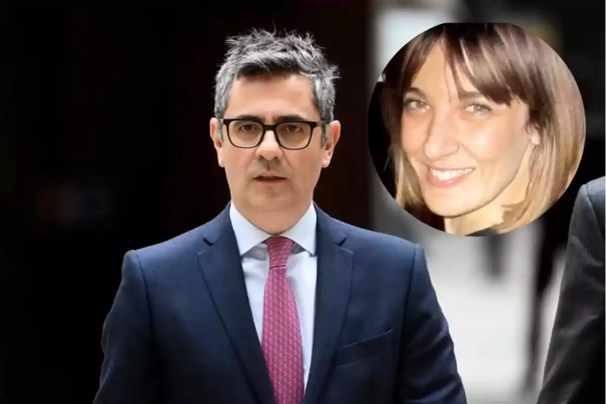 Hombre con gafas y traje oscuro caminando, con el retrato de una mujer sonriente en un círculo superpuesto en la esquina superior derecha.