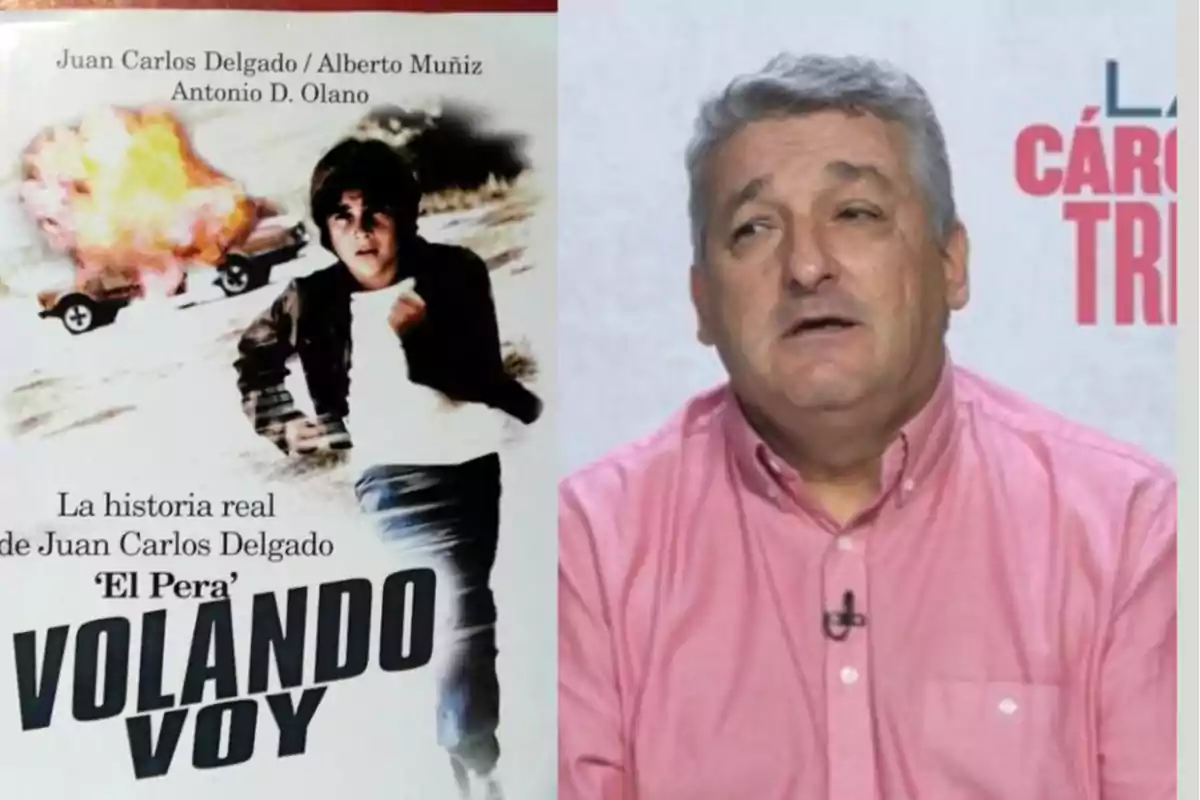 Cartel de la película Volando Voy junto a un hombre de cabello canoso y camisa rosa sentado frente a un fondo claro Cartel de la película Volando Voy junto a un hombre de cabello canoso y camisa rosa sentado frente a un fondo claro