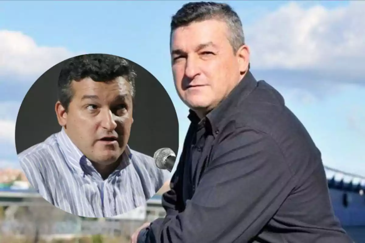 Hombre de cabello corto y canoso con camisa oscura posando al aire libre con el cielo de fondo y un círculo insertado mostrando al mismo hombre hablando frente a un micrófono Hombre de cabello corto y canoso con camisa oscura posando al aire libre con el cielo de fondo y un círculo insertado mostrando al mismo hombre hablando frente a un micrófono