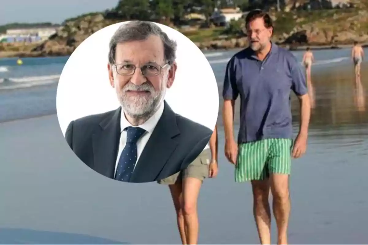 Hombre de barba y gafas caminando por la playa con camisa azul y pantalones cortos verdes, con un retrato suyo en traje y corbata superpuesto Hombre de barba y gafas caminando por la playa con camisa azul y pantalones cortos verdes, con un retrato suyo en traje y corbata superpuesto