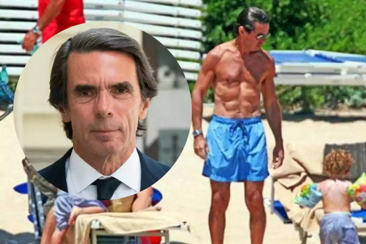 Hombre de cabello canoso en traje formal en un recuadro y la misma persona en la playa con bañador azul interactuando con un niño pequeño Hombre de cabello canoso en traje formal en un recuadro y la misma persona en la playa con bañador azul interactuando con un niño pequeño