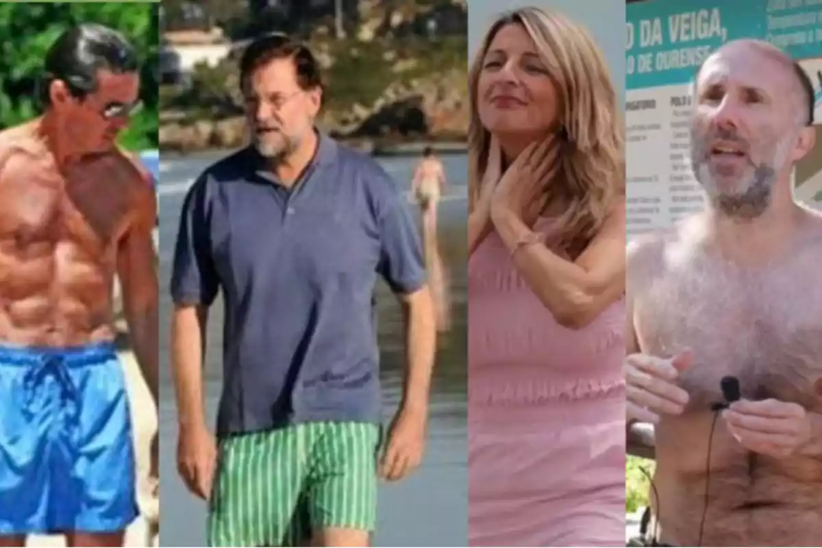 Cuatro personas adultas posan en diferentes escenarios al aire libre, dos de ellas en la playa con ropa de baño, una mujer con vestido rosa y un hombre sin camiseta frente a un cartel informativo.