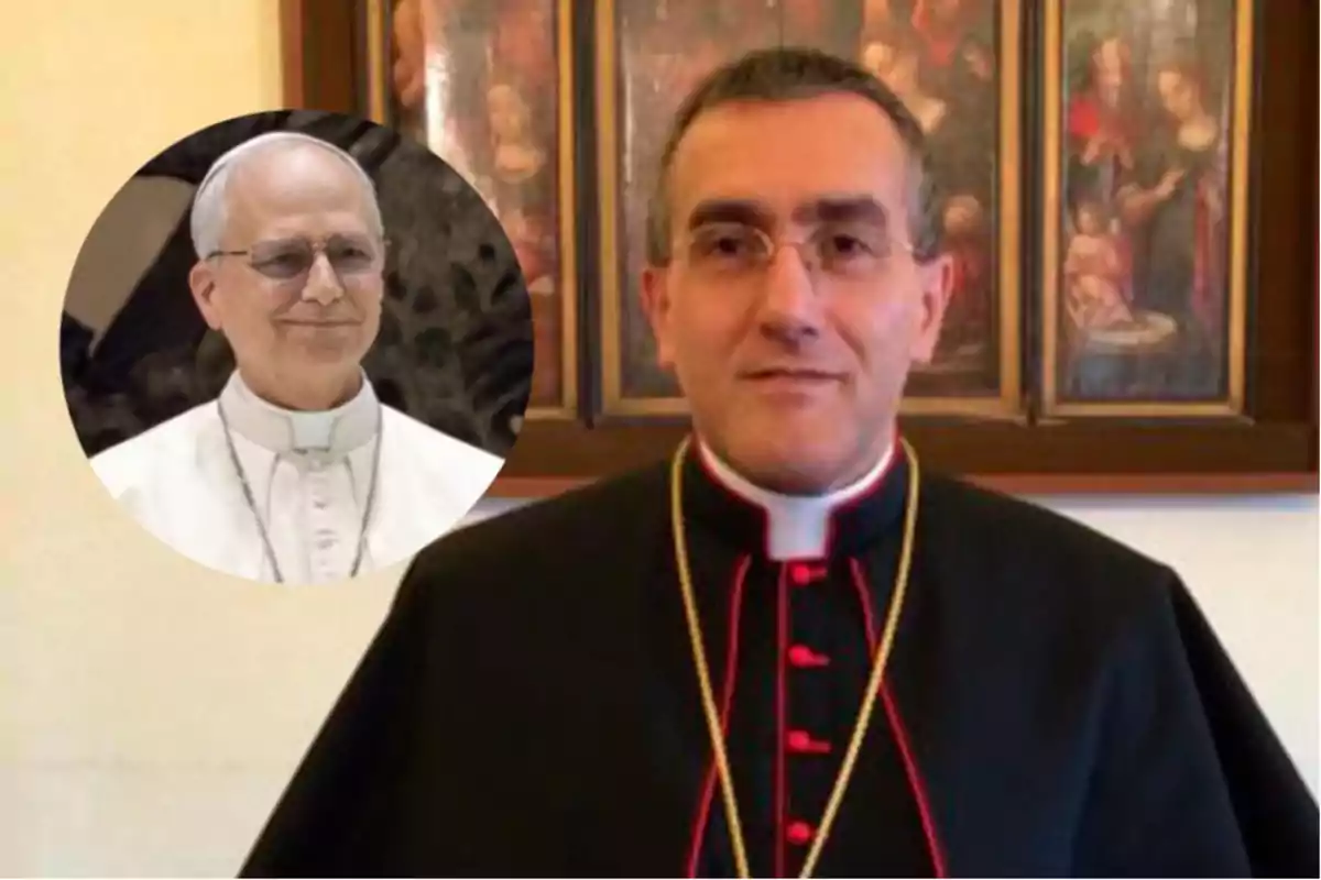 Dos sacerdotes católicos con vestimenta clerical, uno en primer plano con sotana negra y otro en un recuadro circular con sotana blanca, ambos usando gafas y al fondo una pintura religiosa.
