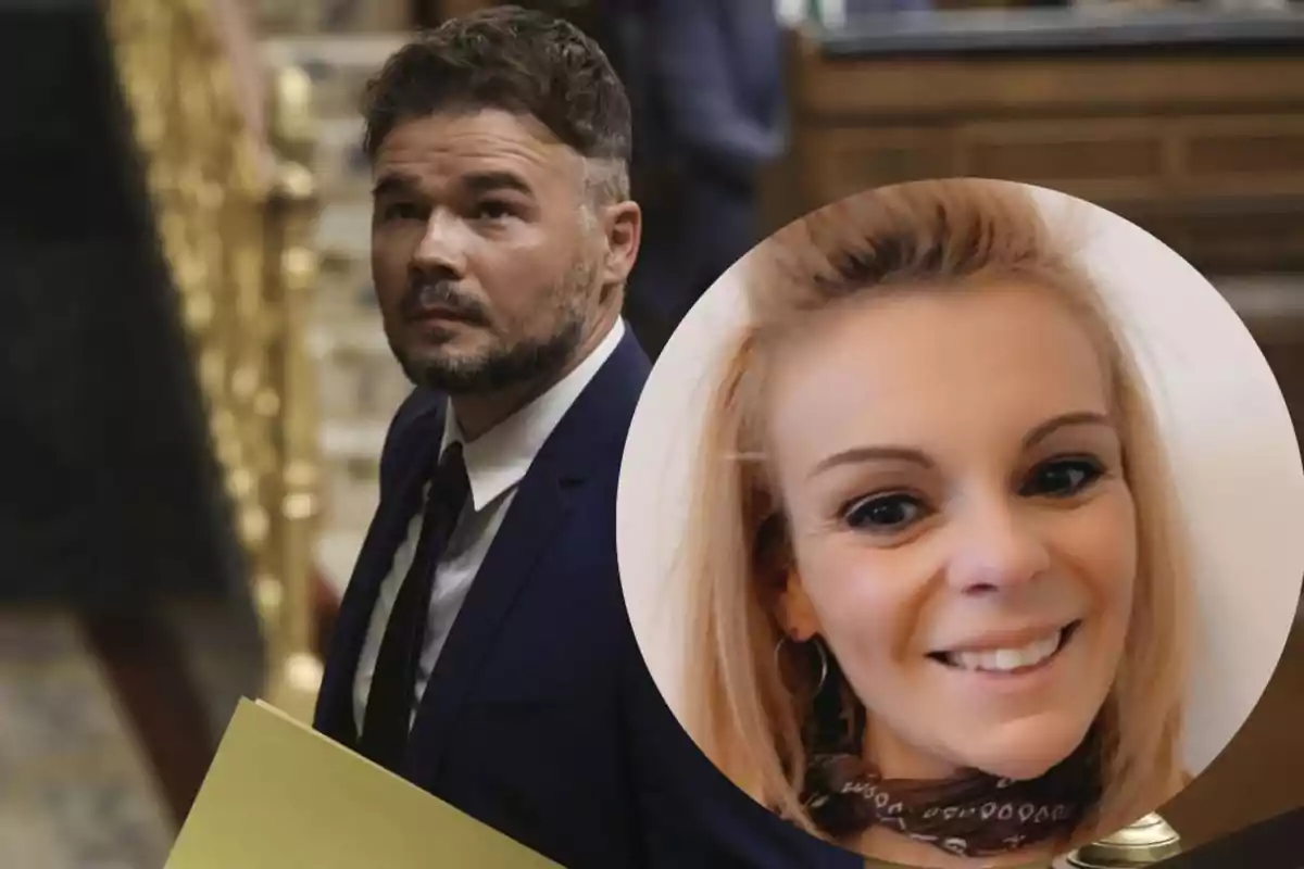 Un hombre con barba y traje oscuro sostiene una carpeta amarilla mientras mira hacia arriba y en la esquina derecha aparece el rostro sonriente de una mujer rubia en un círculo superpuesto Un hombre con barba y traje oscuro sostiene una carpeta amarilla mientras mira hacia arriba y en la esquina derecha aparece el rostro sonriente de una mujer rubia en un círculo superpuesto