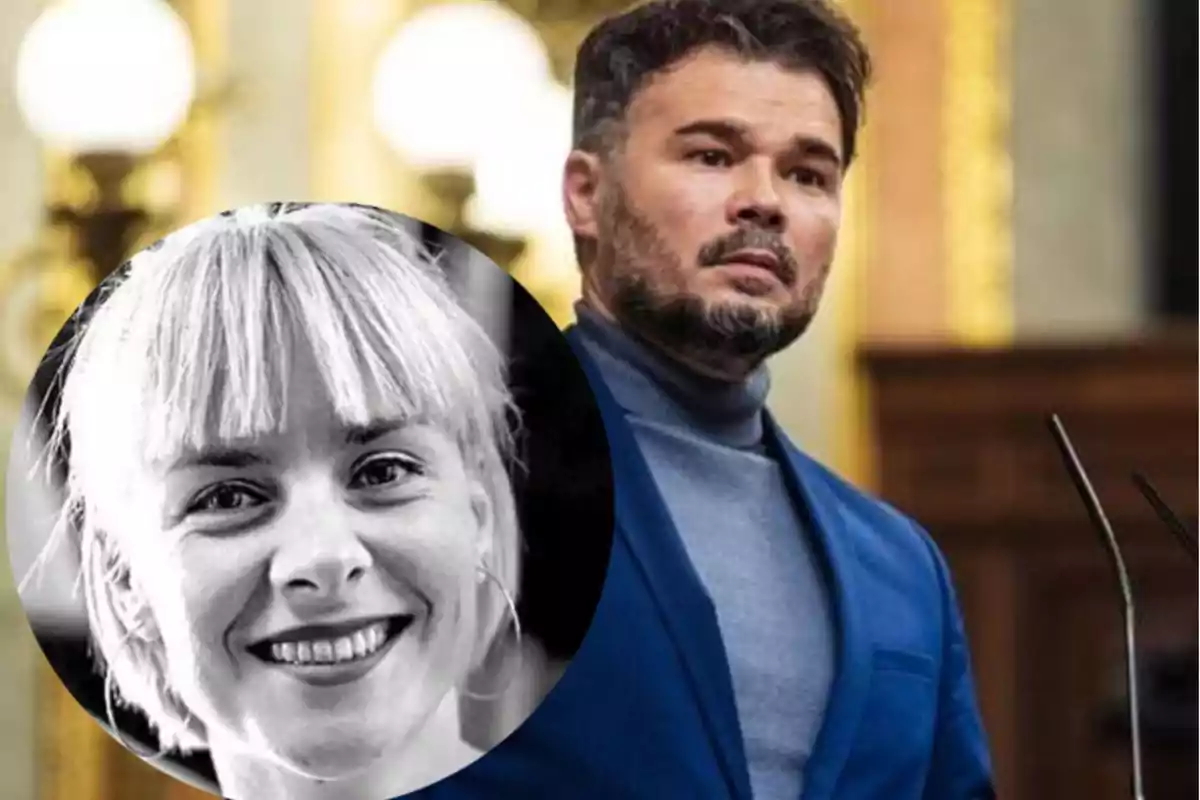Hombre con barba y saco azul de pie en un interior elegante con una imagen circular en blanco y negro de una mujer sonriente superpuesta en primer plano Hombre con barba y saco azul de pie en un interior elegante con una imagen circular en blanco y negro de una mujer sonriente superpuesta en primer plano