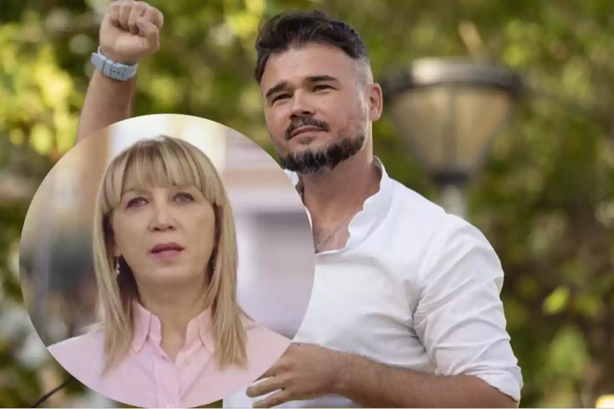 Un hombre con barba y camisa blanca al aire libre con el puño levantado y la imagen superpuesta de una mujer rubia con flequillo y camisa rosa. Un hombre con barba y camisa blanca al aire libre con el puño levantado y la imagen superpuesta de una mujer rubia con flequillo y camisa rosa.