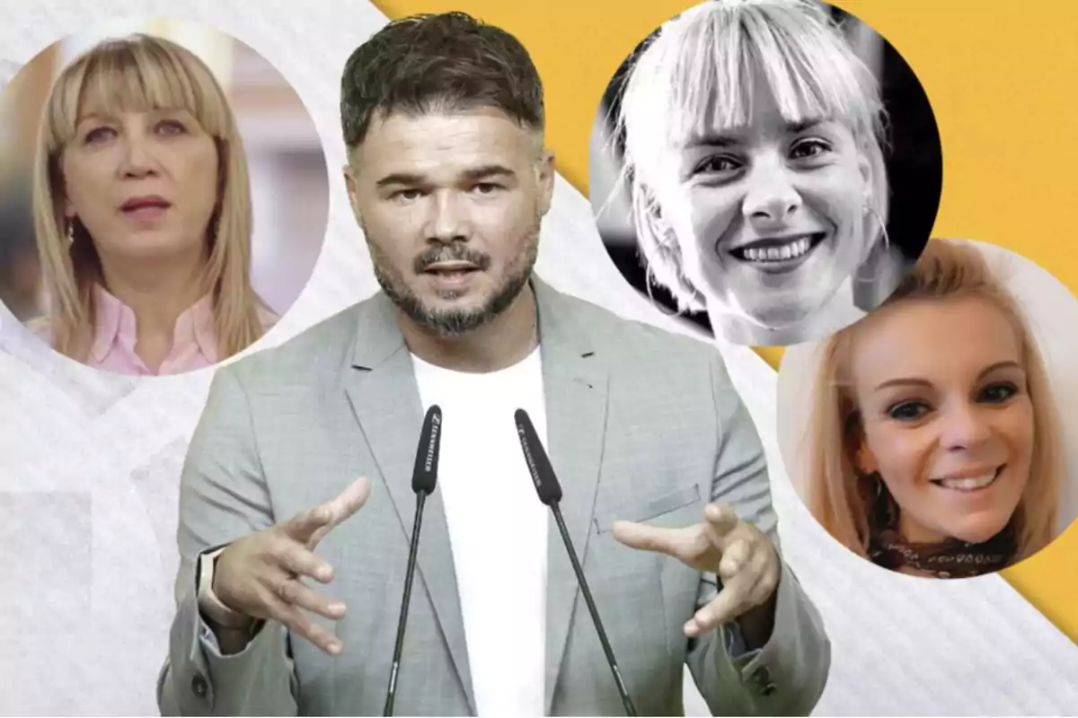 Un hombre con barba y saco gris habla frente a dos micrófonos, detrás de él hay tres retratos de mujeres en círculos sobre un fondo amarillo y blanco.