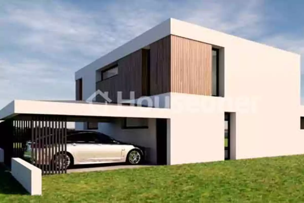 Casa moderna de dos pisos con fachada blanca y detalles en madera, cochera techada y un auto estacionado al frente sobre césped verde Casa moderna de dos pisos con fachada blanca y detalles en madera, cochera techada y un auto estacionado al frente sobre césped verde