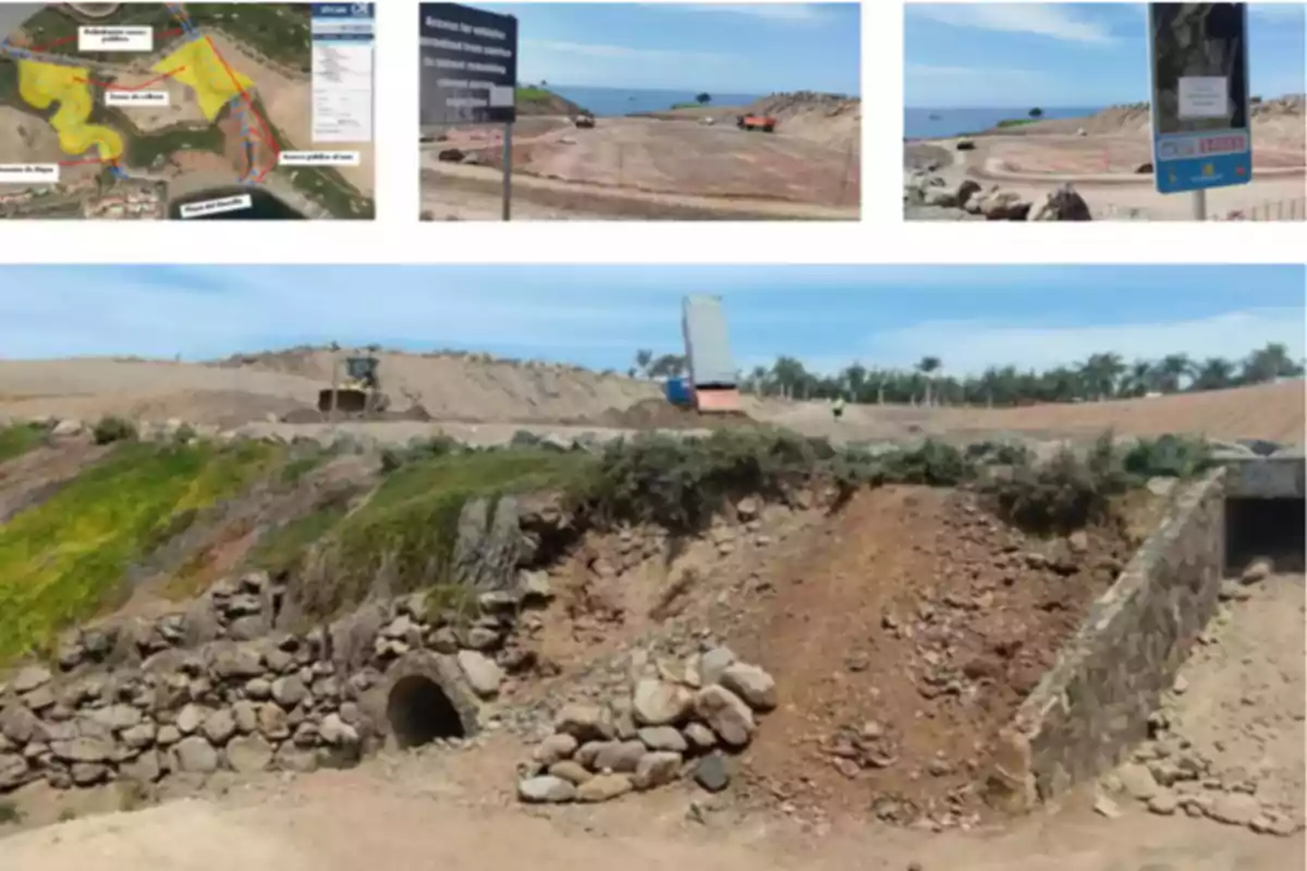 Vista de una zona en obras con maquinaria pesada, un mapa del área intervenida, señales informativas y un antiguo canal de piedra parcialmente cubierto de vegetación. Vista de una zona en obras con maquinaria pesada, un mapa del área intervenida, señales informativas y un antiguo canal de piedra parcialmente cubierto de vegetación.