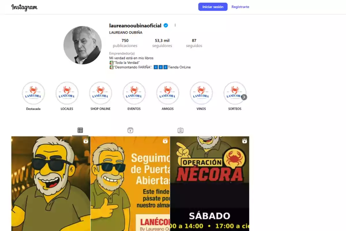 Perfil de Instagram de laureanooubinaoficial con foto de perfil en blanco y negro, 53,3 mil seguidores, varias historias destacadas con el logo de un cangrejo y publicaciones con ilustraciones de un hombre mayor de cabello canoso y gafas de sol en estilo caricatura Perfil de Instagram de laureanooubinaoficial con foto de perfil en blanco y negro, 53,3 mil seguidores, varias historias destacadas con el logo de un cangrejo y publicaciones con ilustraciones de un hombre mayor de cabello canoso y gafas de sol en estilo caricatura