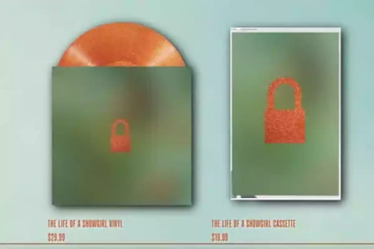 Vinilo y casete con portada verde difuminada y un candado naranja en el centro Vinilo y casete con portada verde difuminada y un candado naranja en el centro