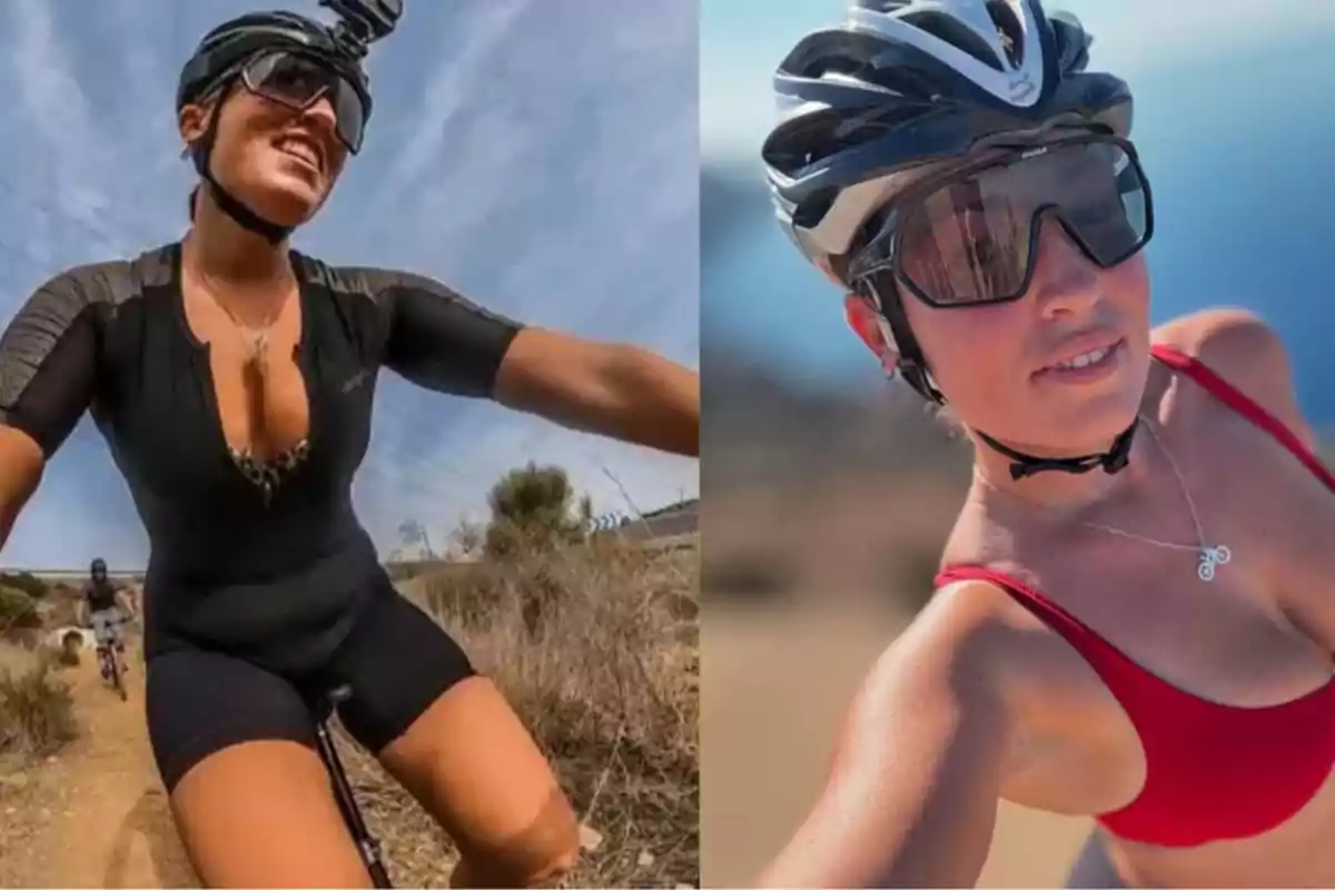 Mujer con casco y gafas de sol montando bicicleta en un sendero y en otra imagen posando al aire libre con fondo desenfocado Mujer con casco y gafas de sol montando bicicleta en un sendero y en otra imagen posando al aire libre con fondo desenfocado