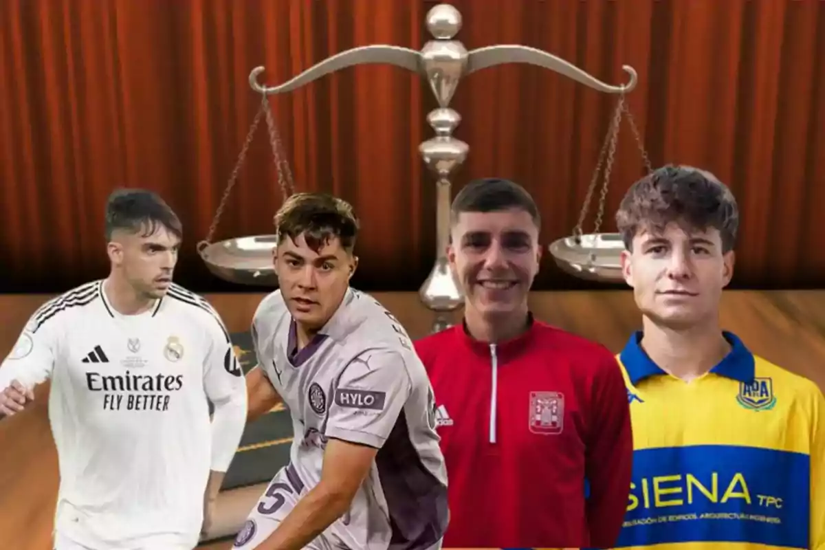 Cuatro jóvenes futbolistas posan frente a una balanza de la justicia sobre un fondo marrón