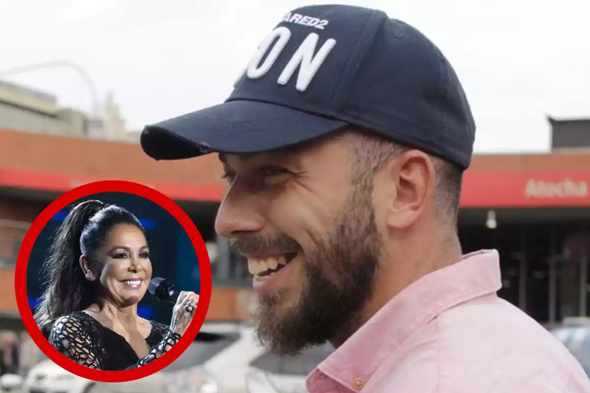 Hombre con barba y gorra azul sonríe al aire libre mientras en la esquina inferior izquierda aparece un círculo rojo con la imagen de una mujer cantando y sonriendo