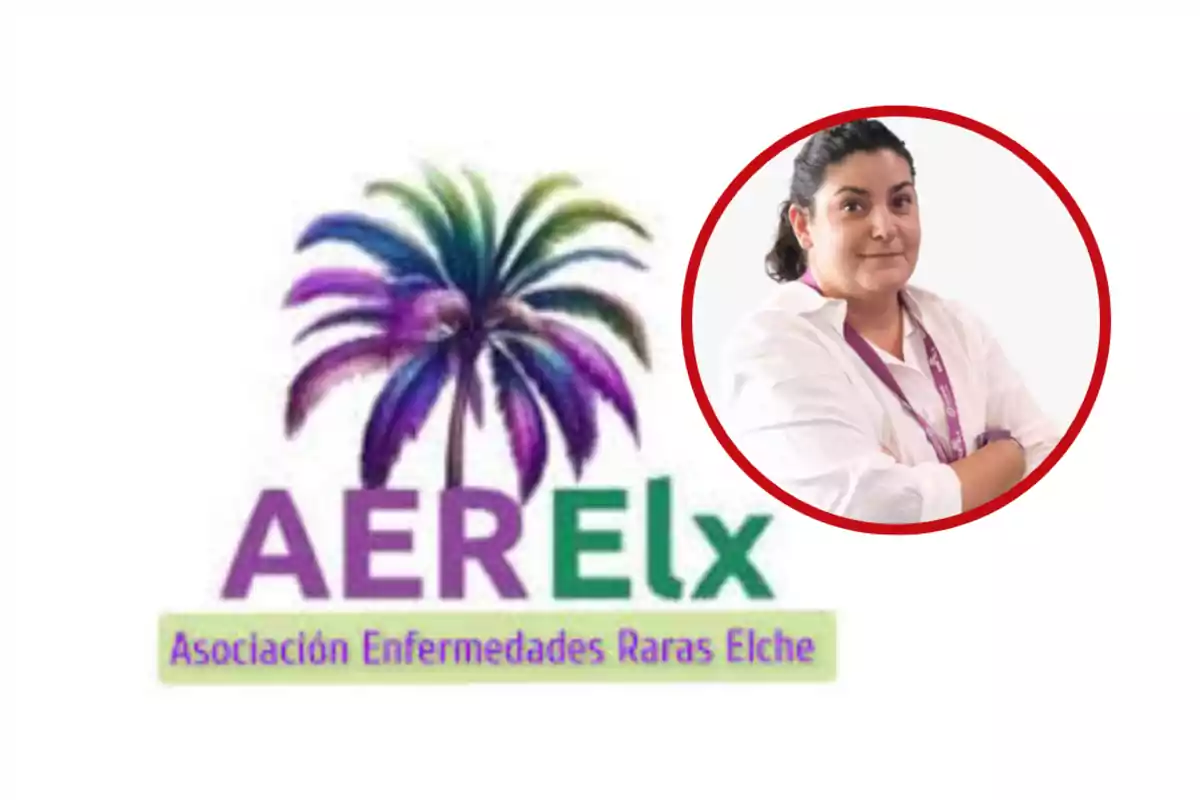 Logotipo de la Asociación Enfermedades Raras Elche con una palmera de colores y una mujer de cabello oscuro recogido, vestida con camisa blanca y gafete morado, dentro de un círculo rojo Logotipo de la Asociación Enfermedades Raras Elche con una palmera de colores y una mujer de cabello oscuro recogido, vestida con camisa blanca y gafete morado, dentro de un círculo rojo