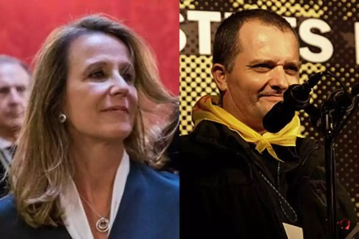 Dos personas en primer plano, una mujer con cabello suelto y un hombre con un pañuelo amarillo al cuello hablando frente a un micrófono Dos personas en primer plano, una mujer con cabello suelto y un hombre con un pañuelo amarillo al cuello hablando frente a un micrófono
