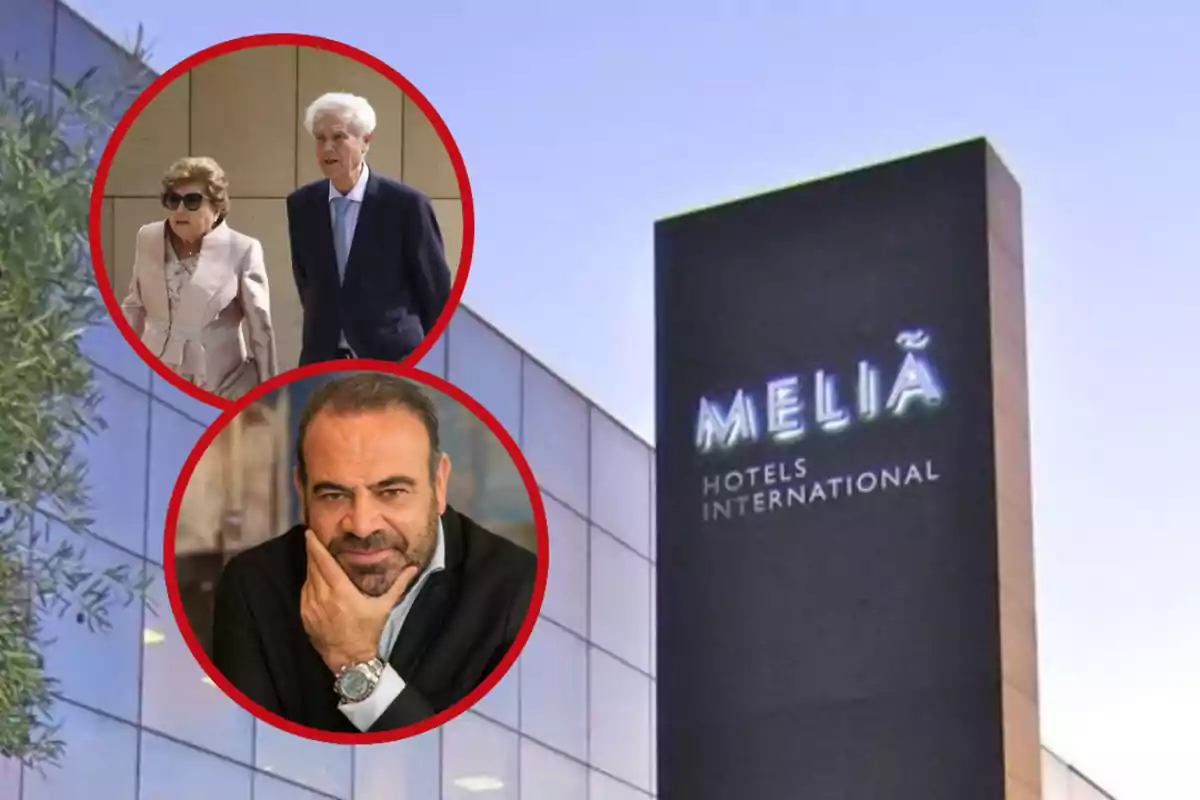 Fachada de un edificio de Meliá Hotels International con dos recuadros rojos que muestran a una pareja de personas mayores y a un hombre de mediana edad con barba.