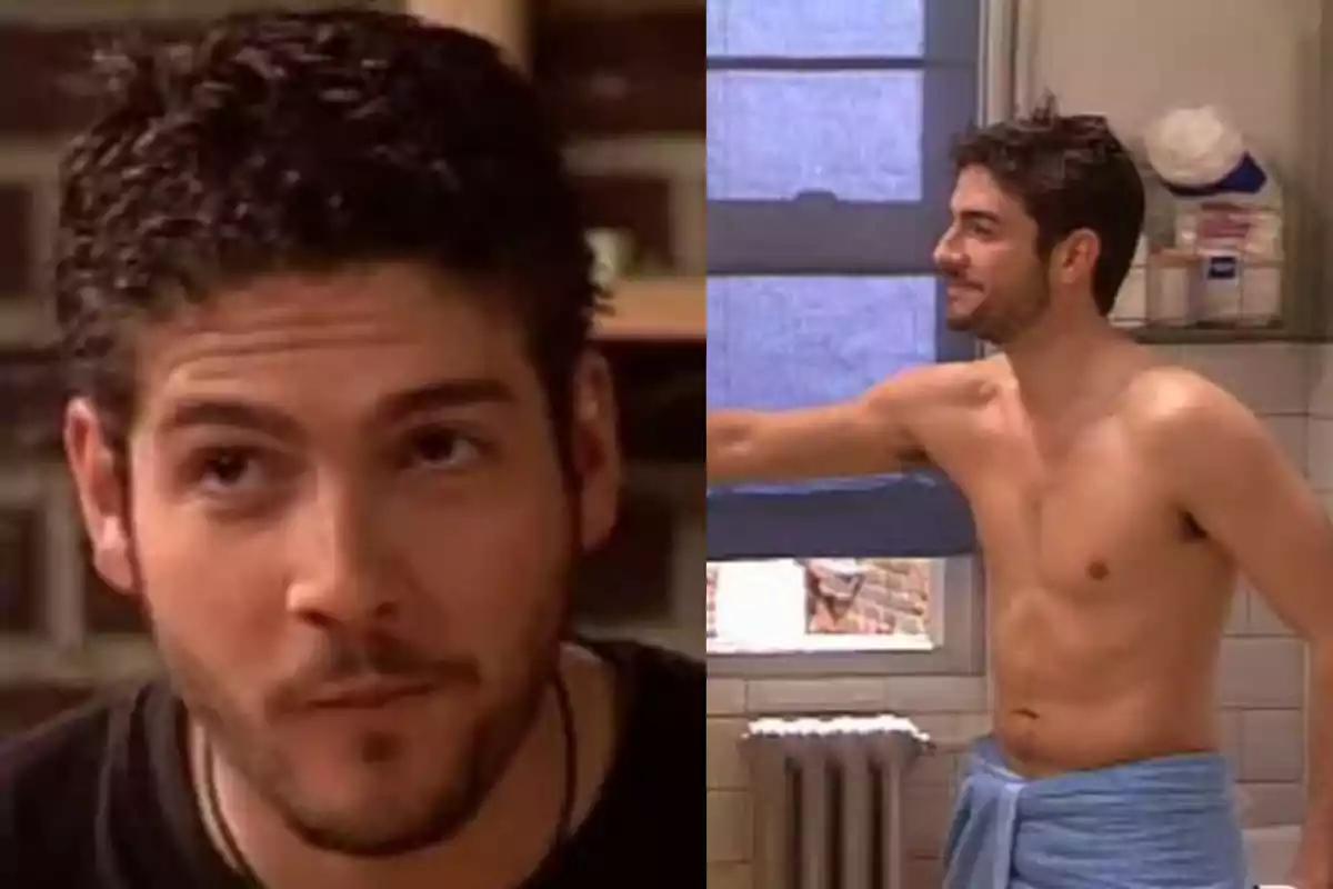 Un hombre de cabello oscuro aparece en dos escenas diferentes, en una está mirando hacia arriba y en la otra está de pie sin camisa y con una toalla azul en la cintura dentro de un baño. Un hombre de cabello oscuro aparece en dos escenas diferentes, en una está mirando hacia arriba y en la otra está de pie sin camisa y con una toalla azul en la cintura dentro de un baño.