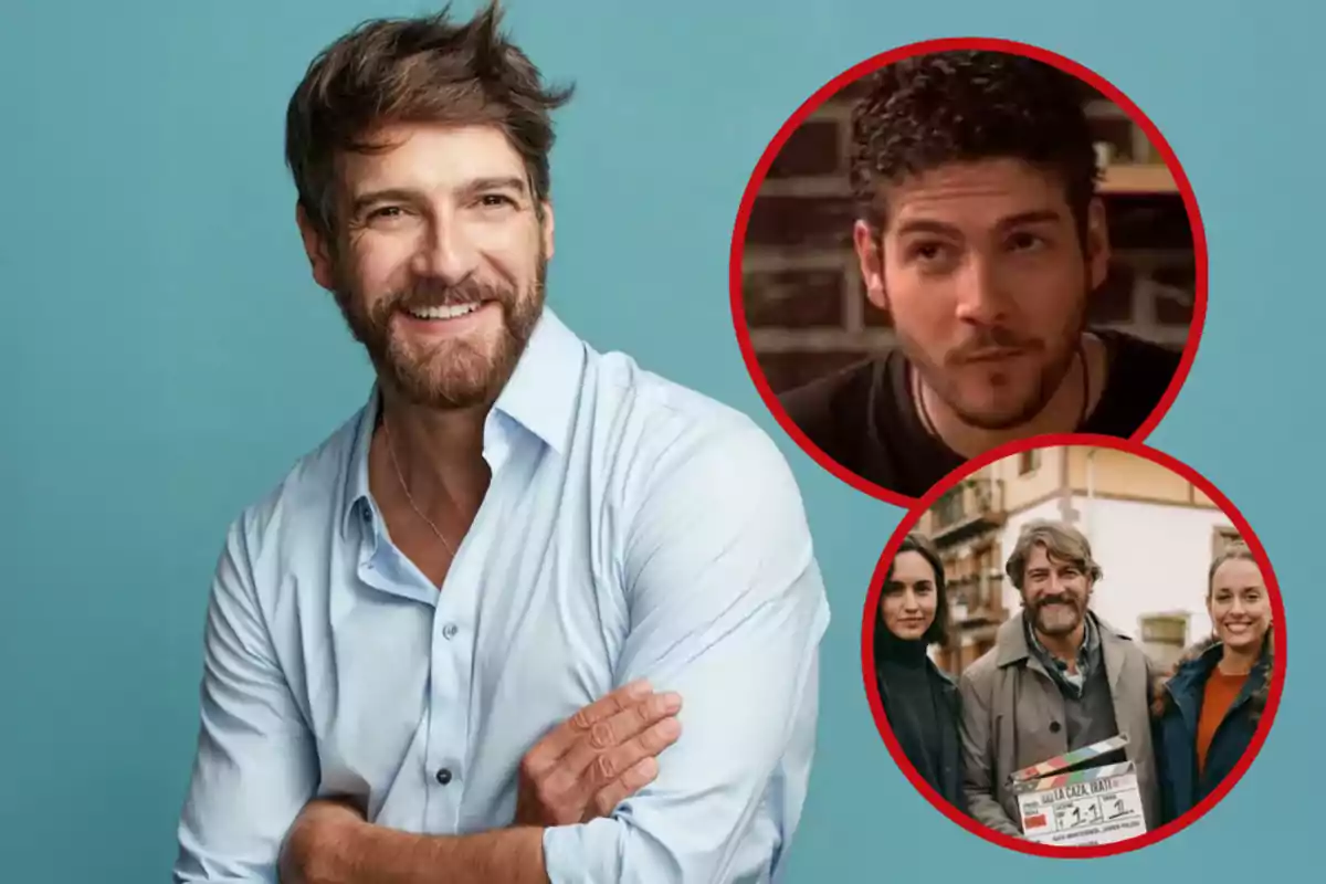 Hombre de barba y cabello castaño claro sonriente con camisa azul claro sobre fondo azul con dos imágenes circulares a la derecha que muestran diferentes momentos de su carrera como actor