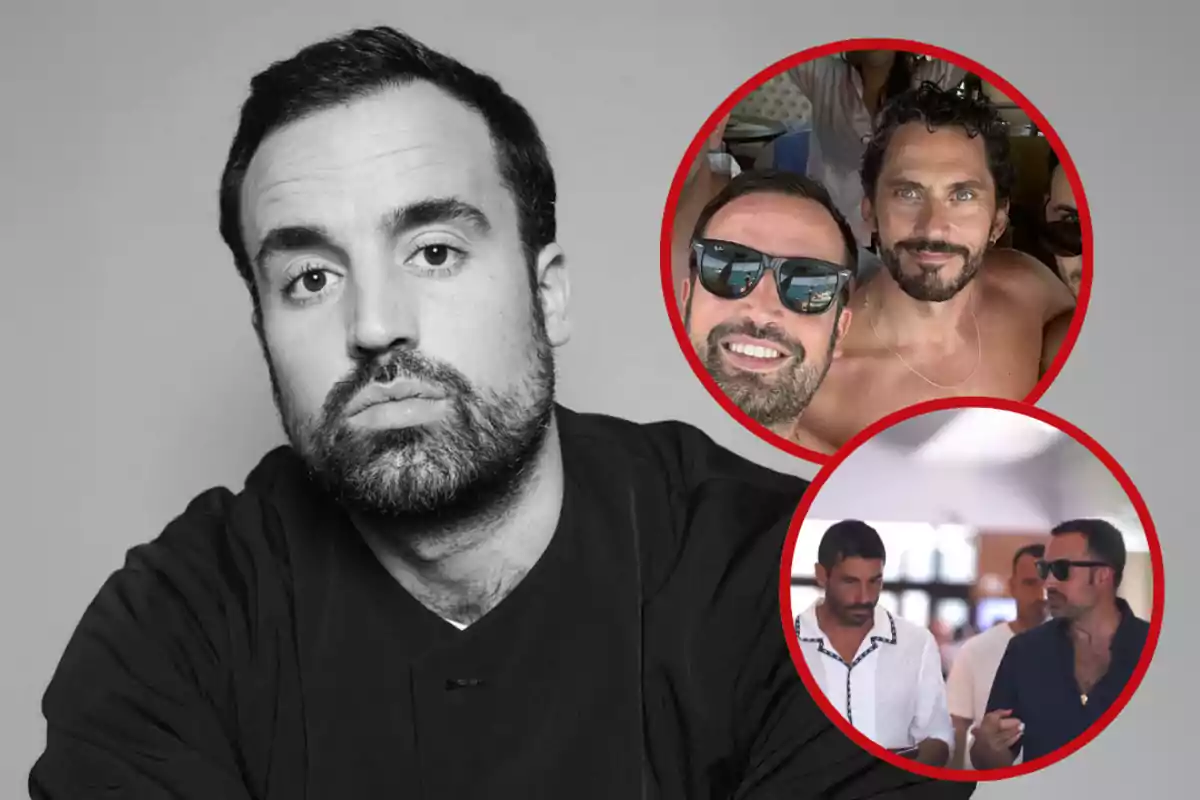 Hombre de barba y cabello corto en blanco y negro con dos recuadros circulares en color que muestran momentos sociales con otras personas