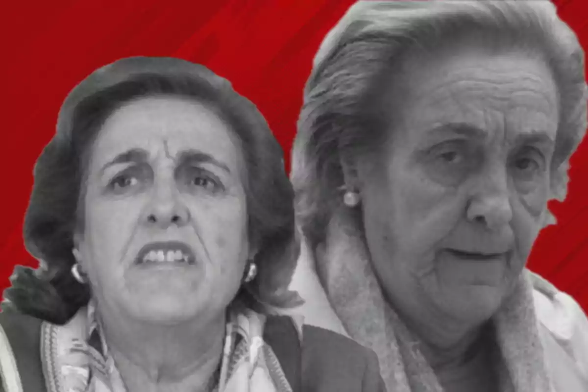 Dos mujeres mayores en blanco y negro con expresiones serias sobre un fondo rojo Dos mujeres mayores en blanco y negro con expresiones serias sobre un fondo rojo
