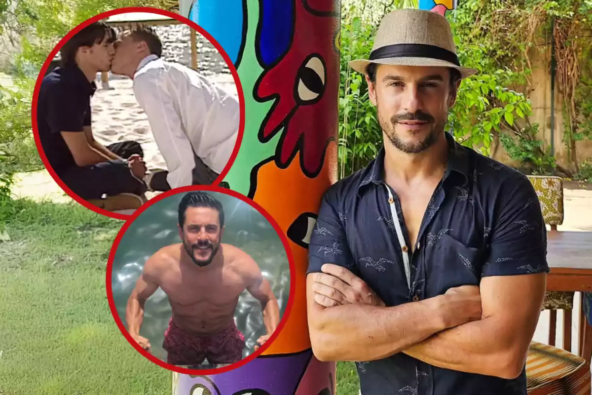 Hombre con sombrero posando junto a una columna colorida, con dos recuadros circulares que muestran una escena de beso entre dos personas y otra imagen de un hombre en el agua
