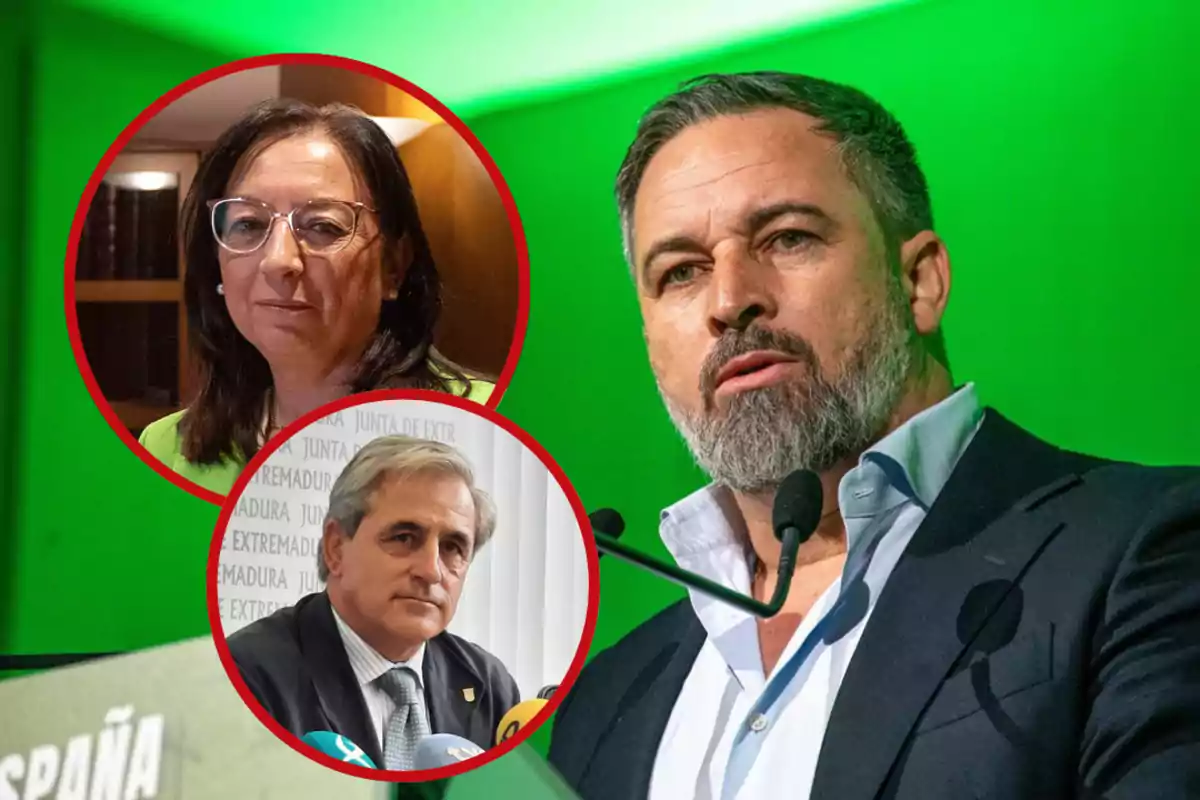 Un hombre con barba y micrófono en primer plano sobre fondo verde y dos personas en recuadros circulares rojos en la esquina izquierda