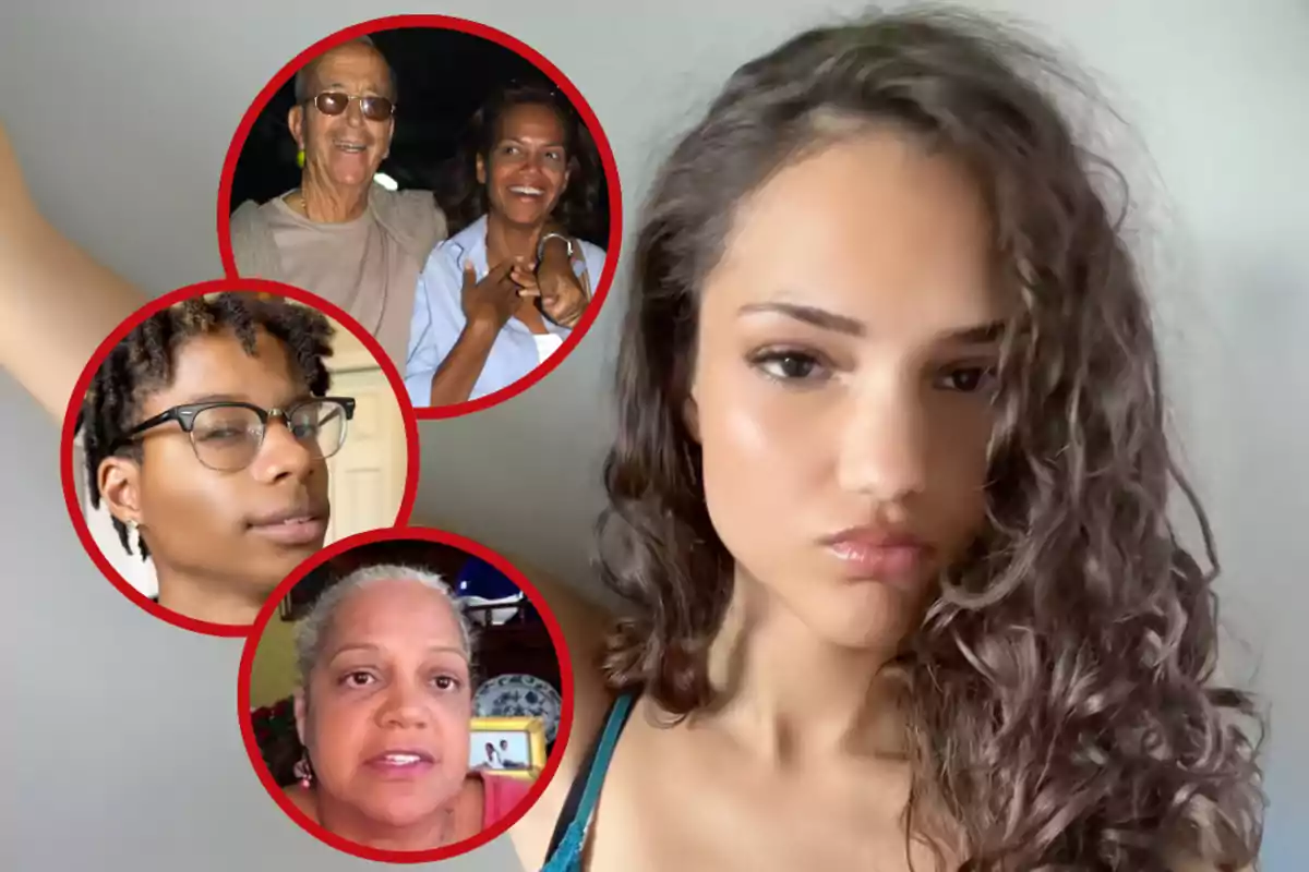 Una joven de cabello rizado mira a la cámara mientras a su lado aparecen tres círculos con retratos de diferentes personas, todos enmarcados en rojo.