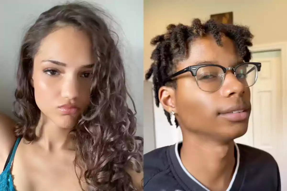 Dos personas jóvenes posan para la cámara, una mujer de cabello rizado y un hombre con gafas y cabello corto con trenzas, ambos con expresiones serias. Dos personas jóvenes posan para la cámara, una mujer de cabello rizado y un hombre con gafas y cabello corto con trenzas, ambos con expresiones serias.