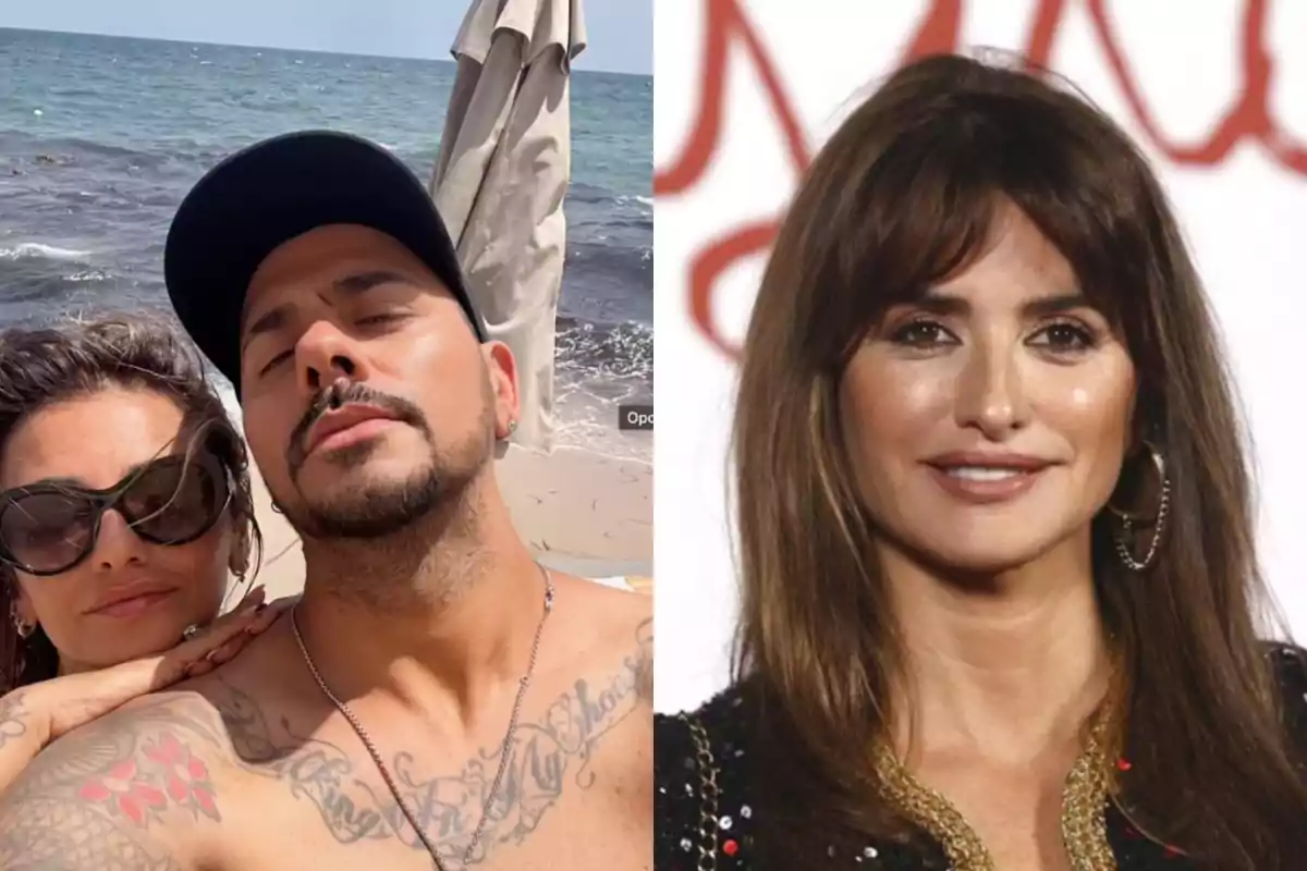 Fotografía dividida en dos partes, a la izquierda una pareja tomando una selfie en la playa y a la derecha una mujer posando en un evento con fondo blanco y letras rojas.