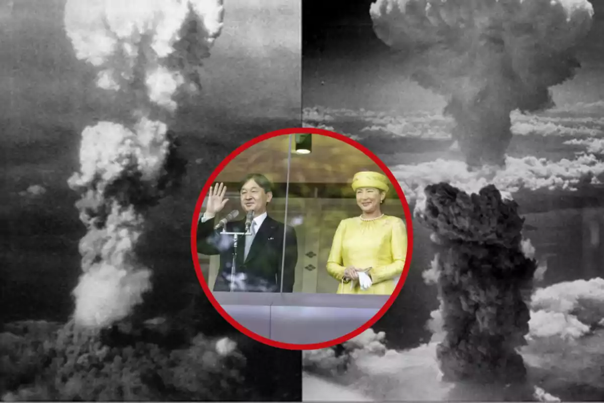 Fotografía en blanco y negro de explosiones nucleares con una imagen en color de dos personas vestidas formalmente dentro de un círculo rojo en el centro
