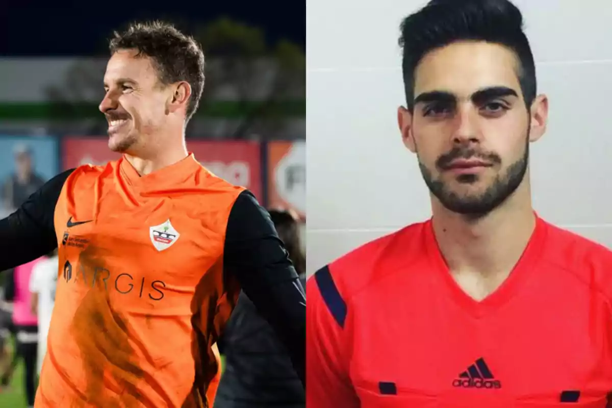 Dos hombres con camisetas deportivas naranjas, uno sonríe en un campo de fútbol y el otro posa serio frente a una pared blanca