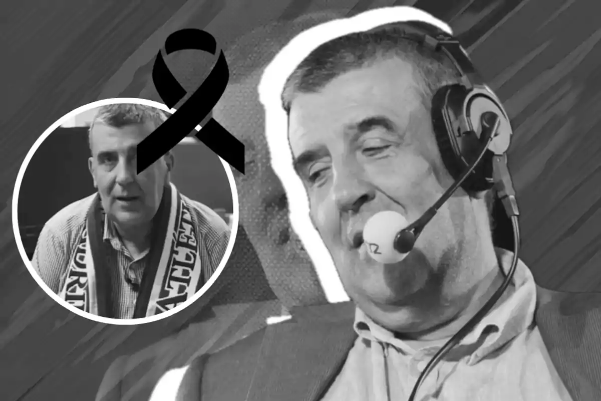 Hombre con auriculares y micrófono de locutor en primer plano, en la esquina un recuadro circular muestra al mismo hombre con una bufanda deportiva y un lazo negro de luto sobre la imagen