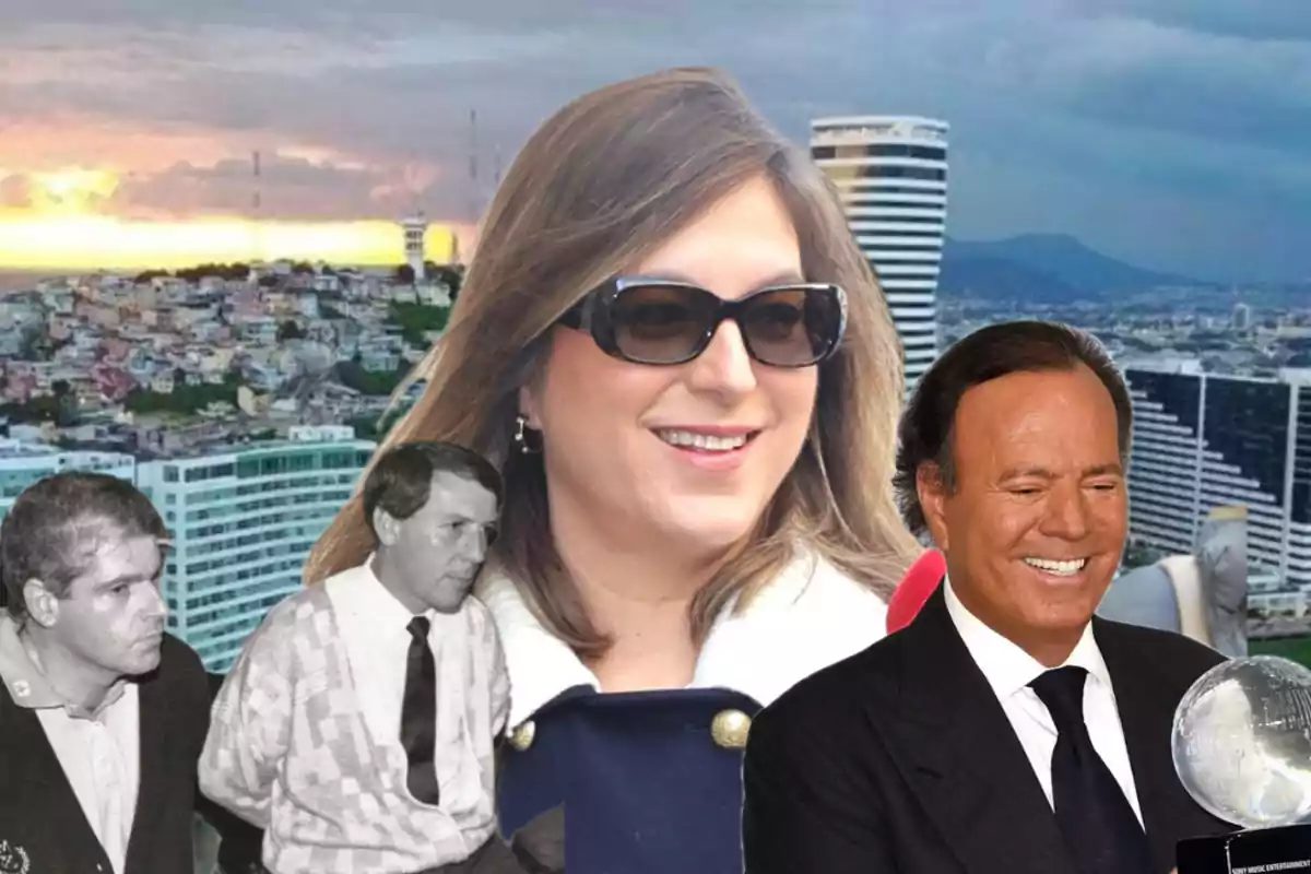 Montaje de varias personas famosas frente a un paisaje urbano con edificios modernos y un atardecer de fondo
