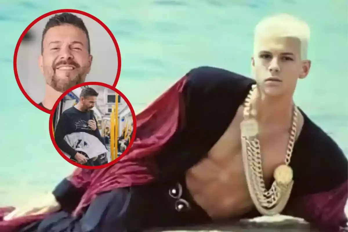 Hombre joven de cabello rubio platinado y torso descubierto posando en la playa con un collar grande y una capa oscura, acompañado de dos recuadros circulares que muestran a un hombre adulto con barba en diferentes situaciones