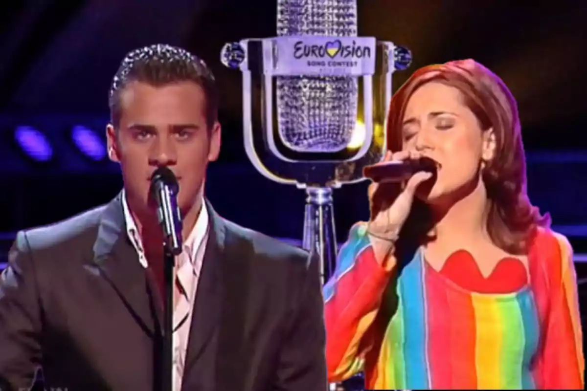 Dos cantantes interpretan una canción en el escenario de Eurovisión con un micrófono grande de fondo