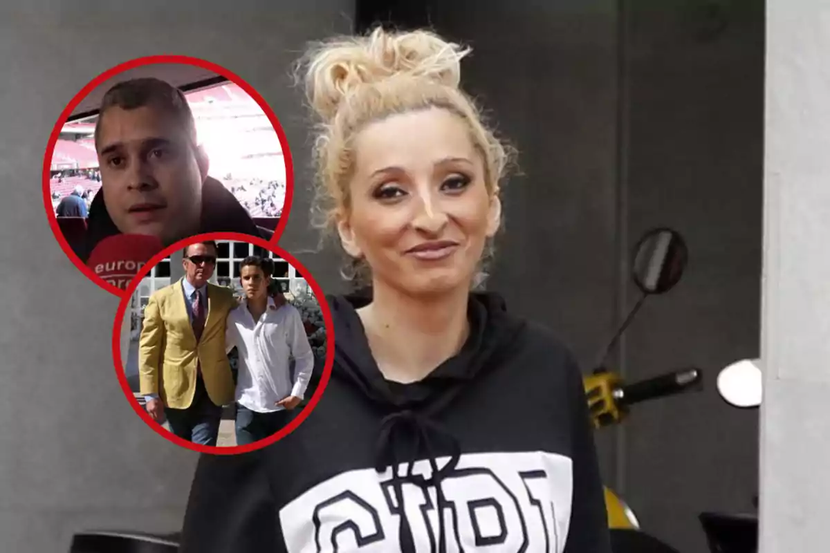 Mujer rubia con moño y sudadera negra sonríe frente a la cámara mientras dos recuadros circulares muestran a un hombre en un estadio y a dos personas caminando juntos