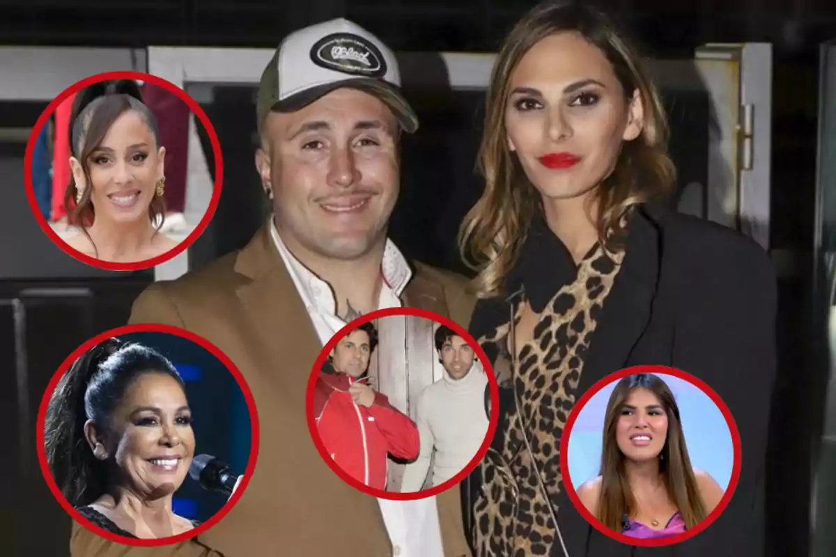 Una pareja posa sonriente mientras alrededor de ellos aparecen cinco rostros enmarcados en círculos rojos, todos mirando hacia la cámara.