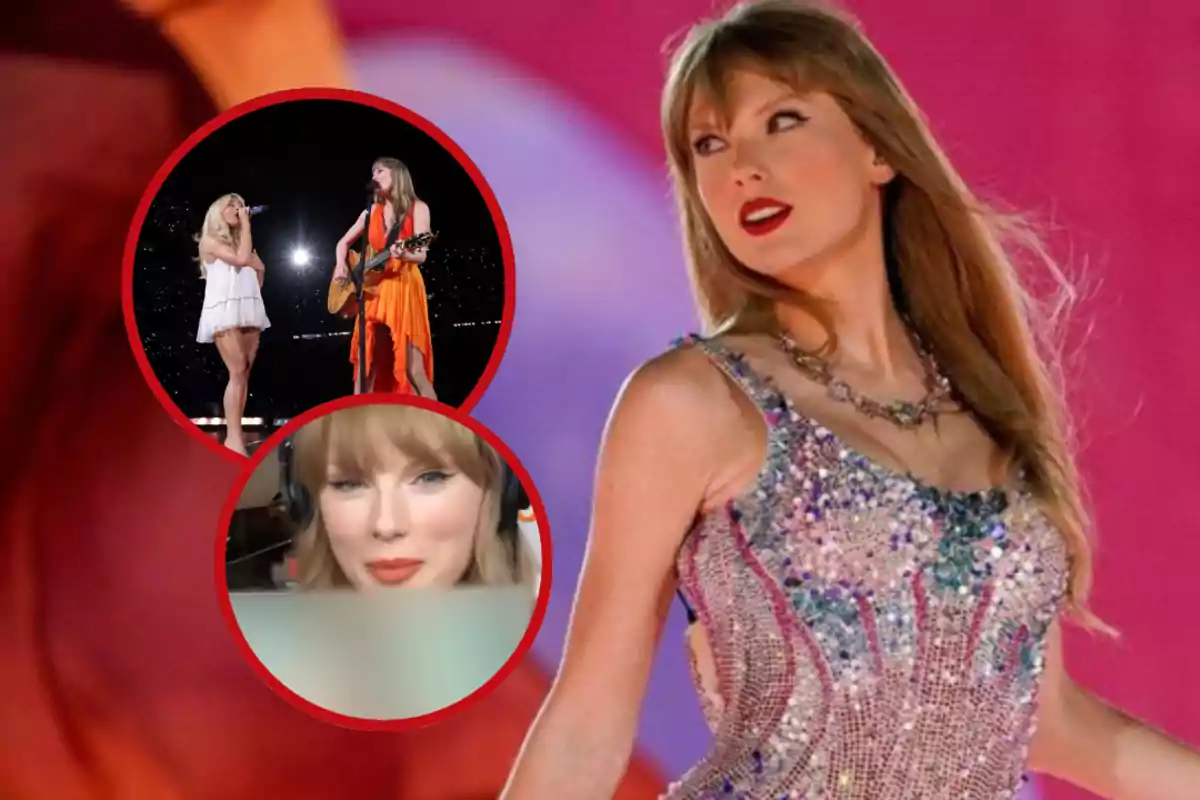 Cantante con vestido brillante en el escenario con dos recuadros circulares mostrando una presentación musical y un primer plano de una mujer rubia