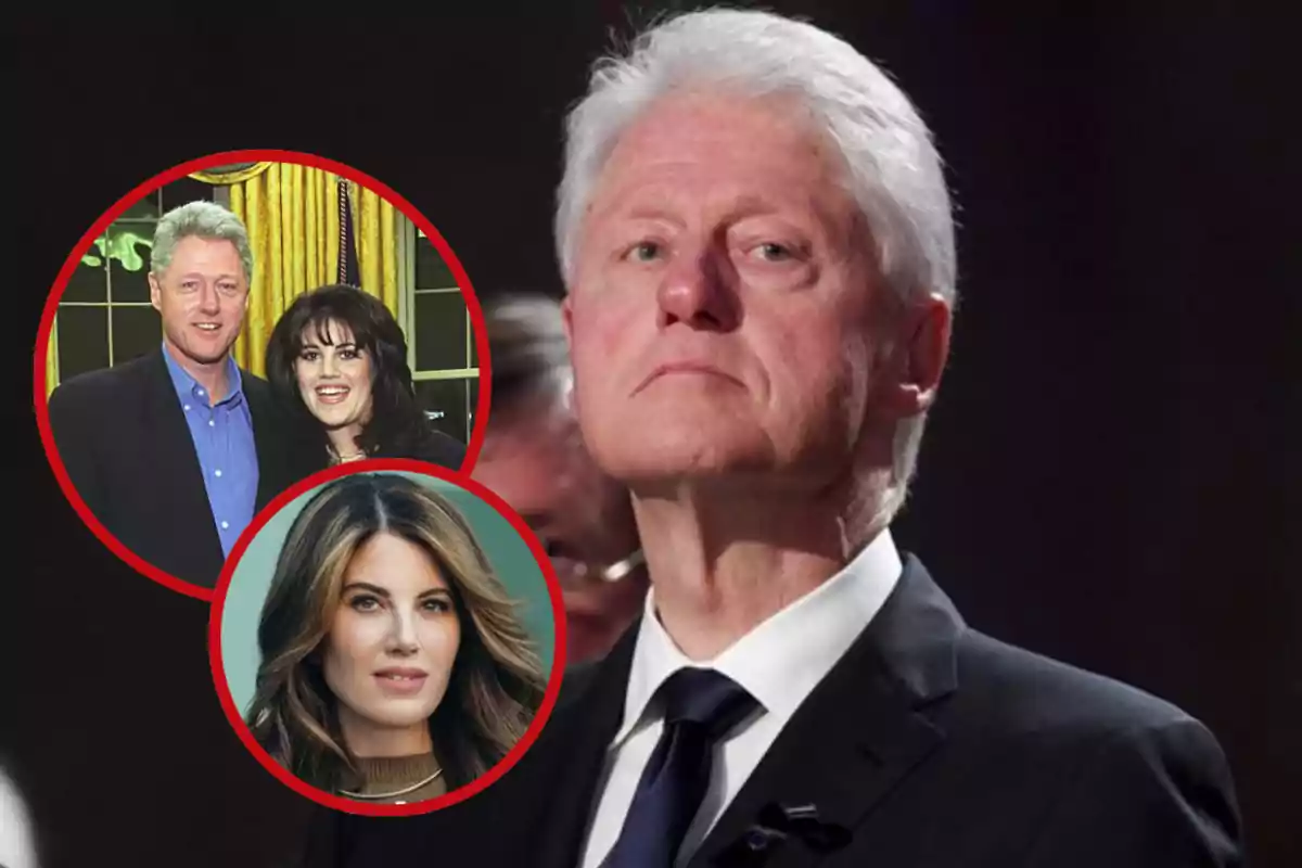 Hombre de cabello canoso con expresión seria en primer plano y dos recuadros circulares mostrando a una mujer y una foto antigua de un hombre y una mujer juntos Hombre de cabello canoso con expresión seria en primer plano y dos recuadros circulares mostrando a una mujer y una foto antigua de un hombre y una mujer juntos