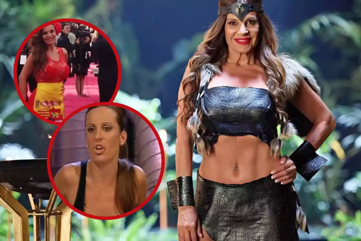 Mujer vestida con un disfraz de guerrera en primer plano y dos imágenes circulares más pequeñas mostrando a la misma mujer en diferentes momentos, una con vestido rojo y amarillo y otra en un programa de televisión
