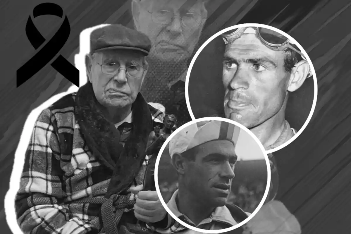 Homenaje en blanco y negro a un hombre mayor con imágenes de su juventud y un lazo negro en señal de luto