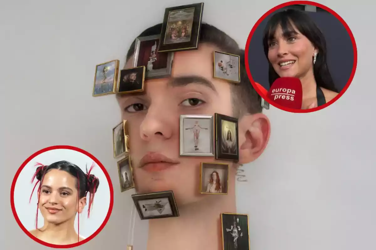 Retrato de una persona con varios cuadros pequeños enmarcados sobre su rostro y dos círculos rojos con fotos de mujeres en las esquinas superiores izquierda y derecha